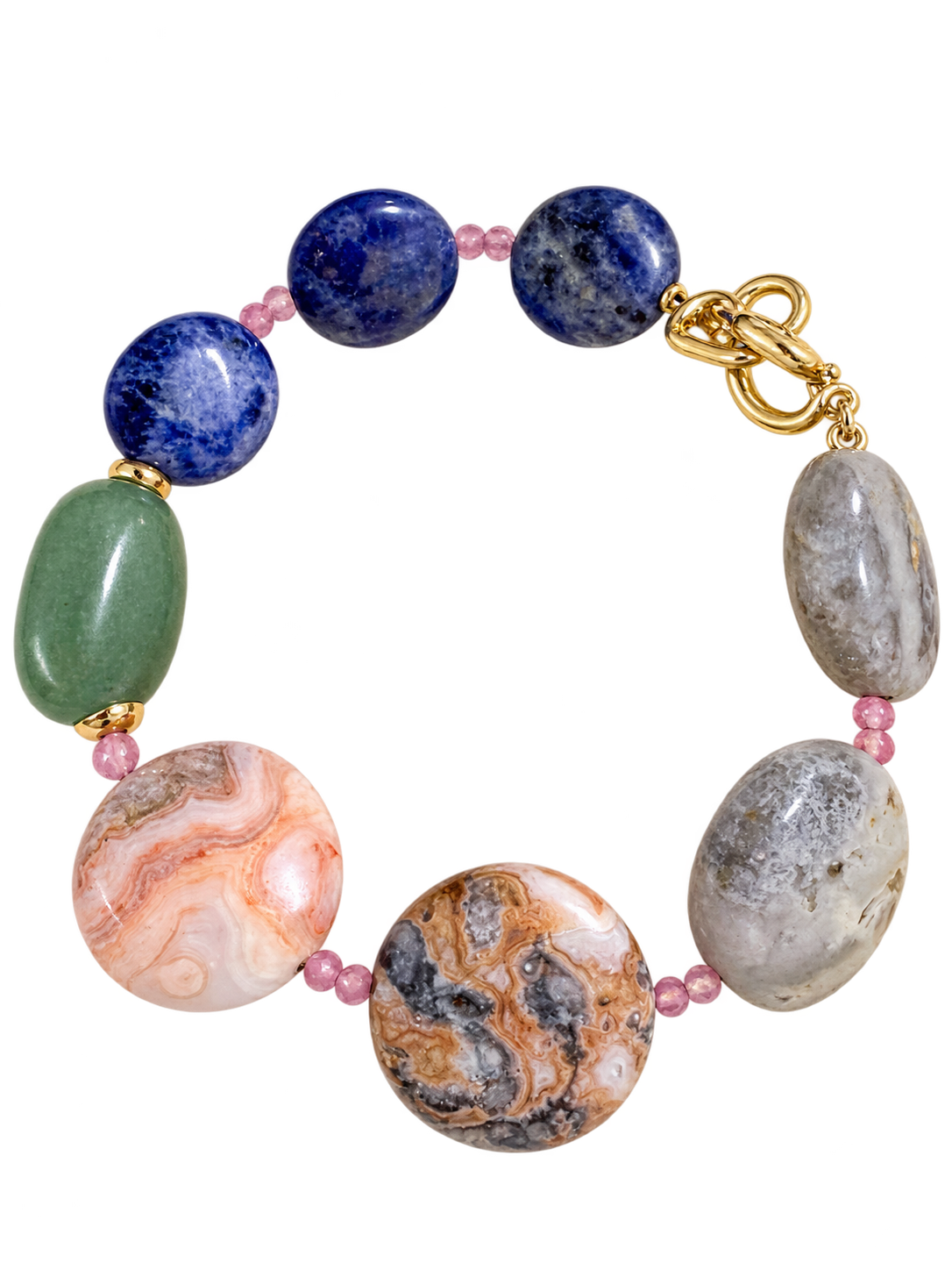 Mexican agate Relic System bracelet with sodalite, green aventurine, pink tourmaline and gold-tone toggle clasp