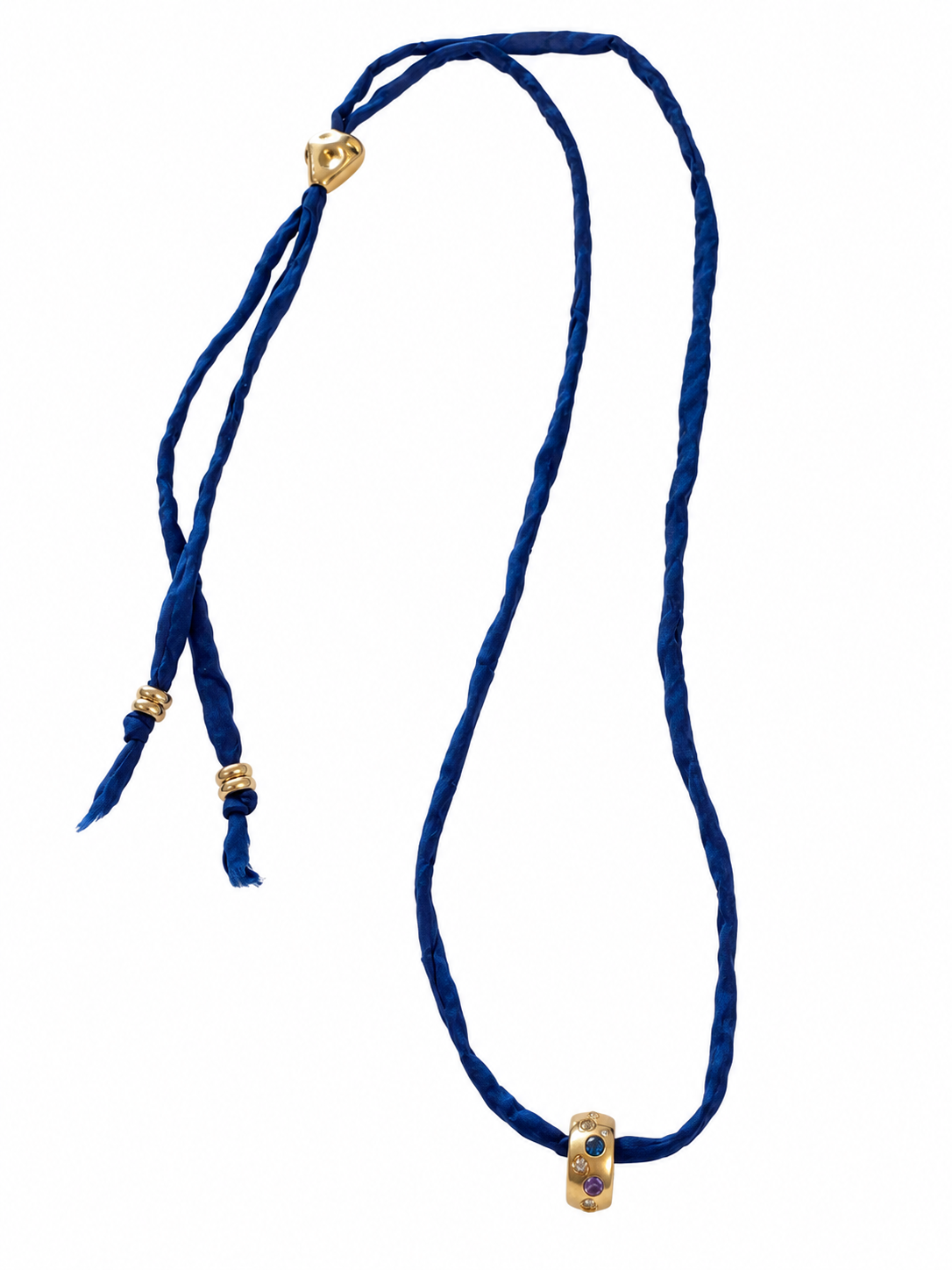 Navy hand-dyed adjustable silk strand with gold-filled bean and multi-stone spacer