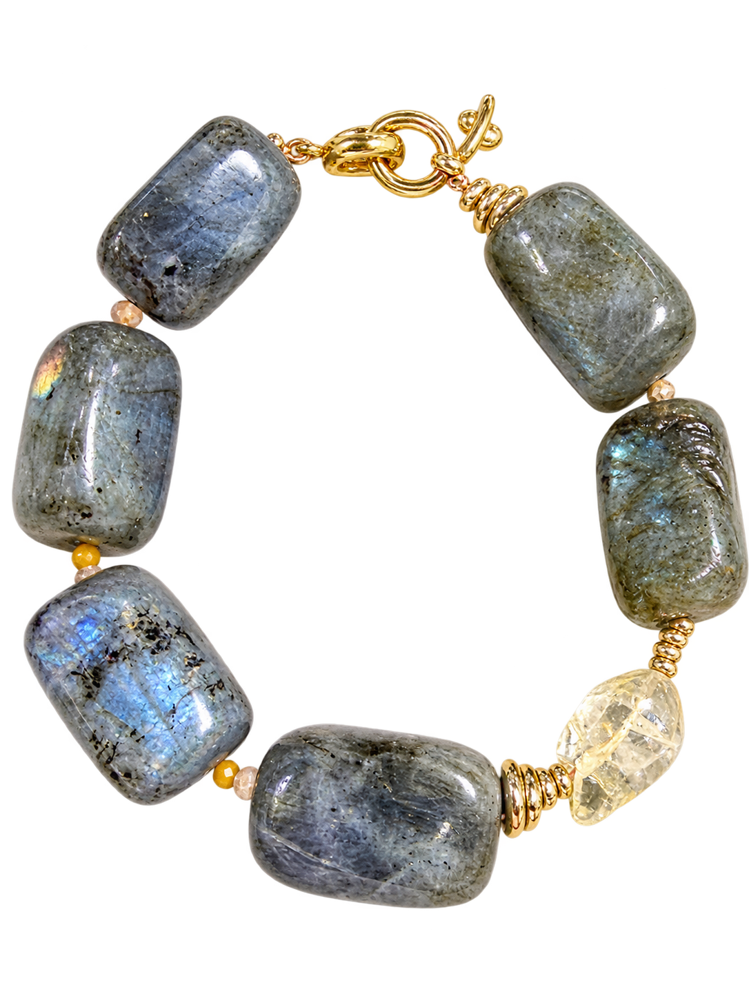 Labradorite Relic System bracelet with polished labradorite, tiger's eye, sunstone, citrine and gold-tone toggle clasp
