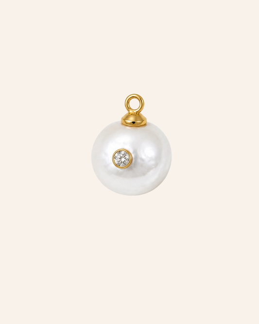 Nacre Relic No. 01, rounded white freshwater pearl with bezel-set moissanite and gold-tone loop