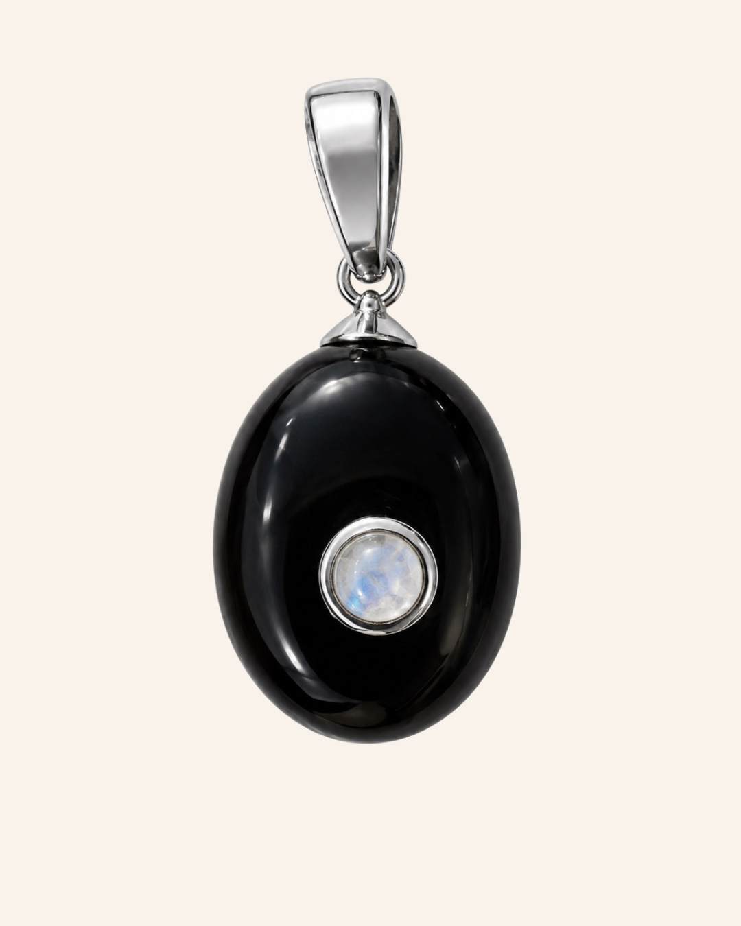 Noa Relic polished black onyx oval with a rainbow moonstone inset and silver-tone clasp