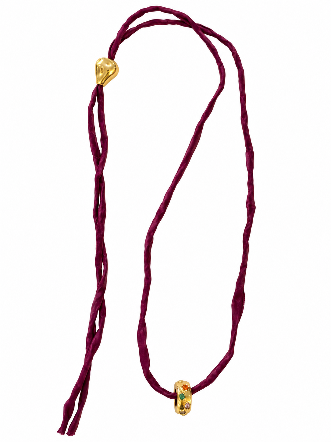 Burgundy hand-dyed adjustable silk strand with gold-filled bean and multi-stone spacer