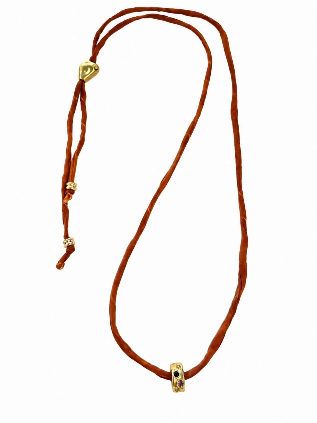 Cognac hand-dyed adjustable silk strand with gold-filled bean and multi-stone spacer