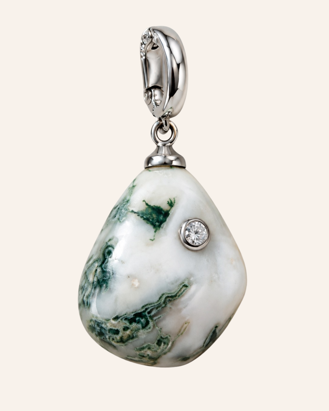 Sylva Relic with tumbled white and green tree agate, a bezel-set moissanite accent, and silver-tone clasp