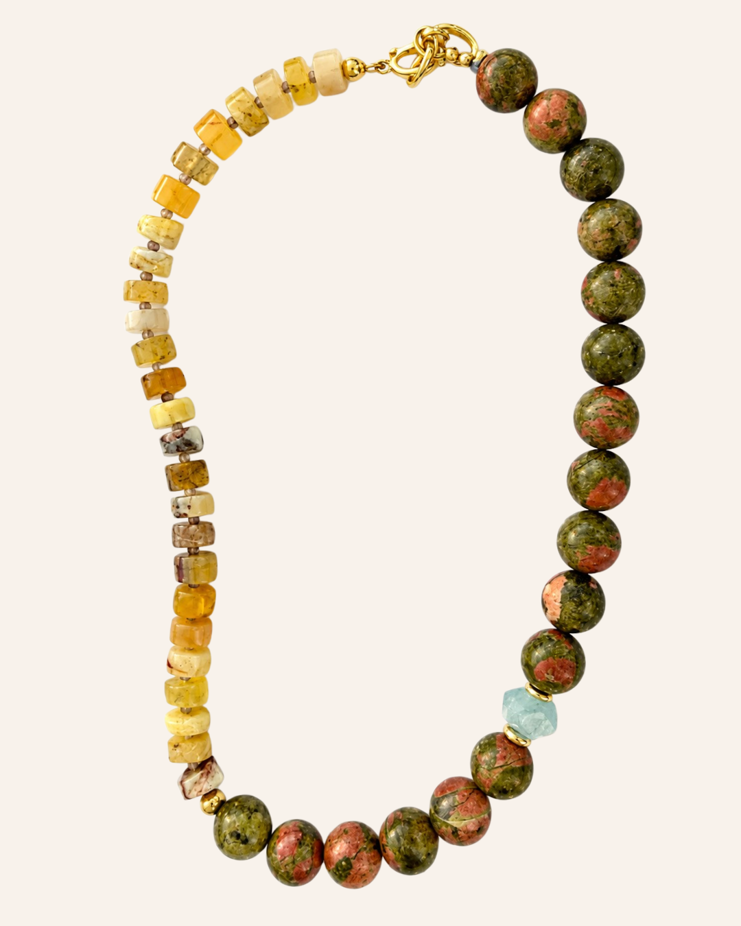 Thalia Statement Collar with unakite, Ethiopian opal, tanzanite, aquamarine accent and gold-toned spacers