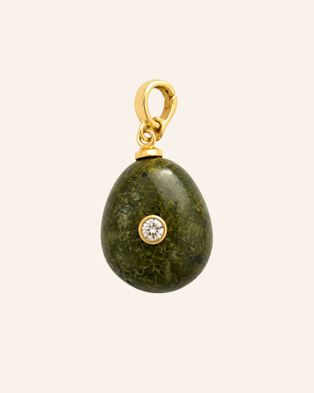 Verdant Relic No. 02, tumbled olive-green jasper with natural mottling, bezel-set moissanite, and gold-tone clasp