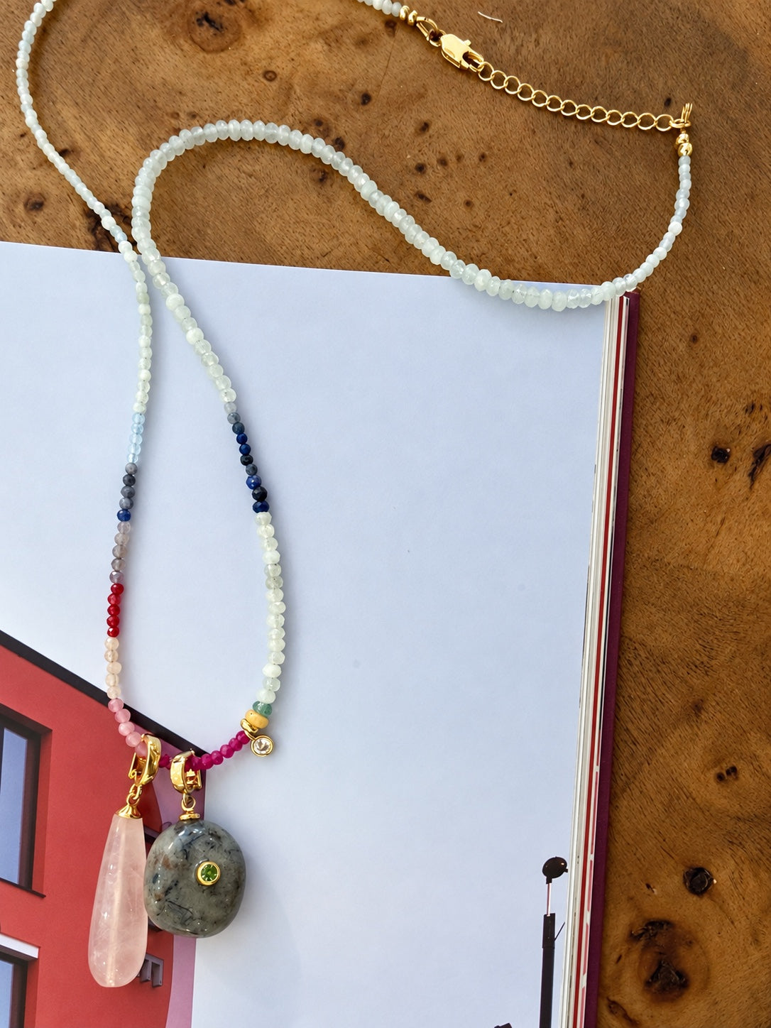 Vesper sodalite and peridot Relic styled with a pink Relic on gemstone strand